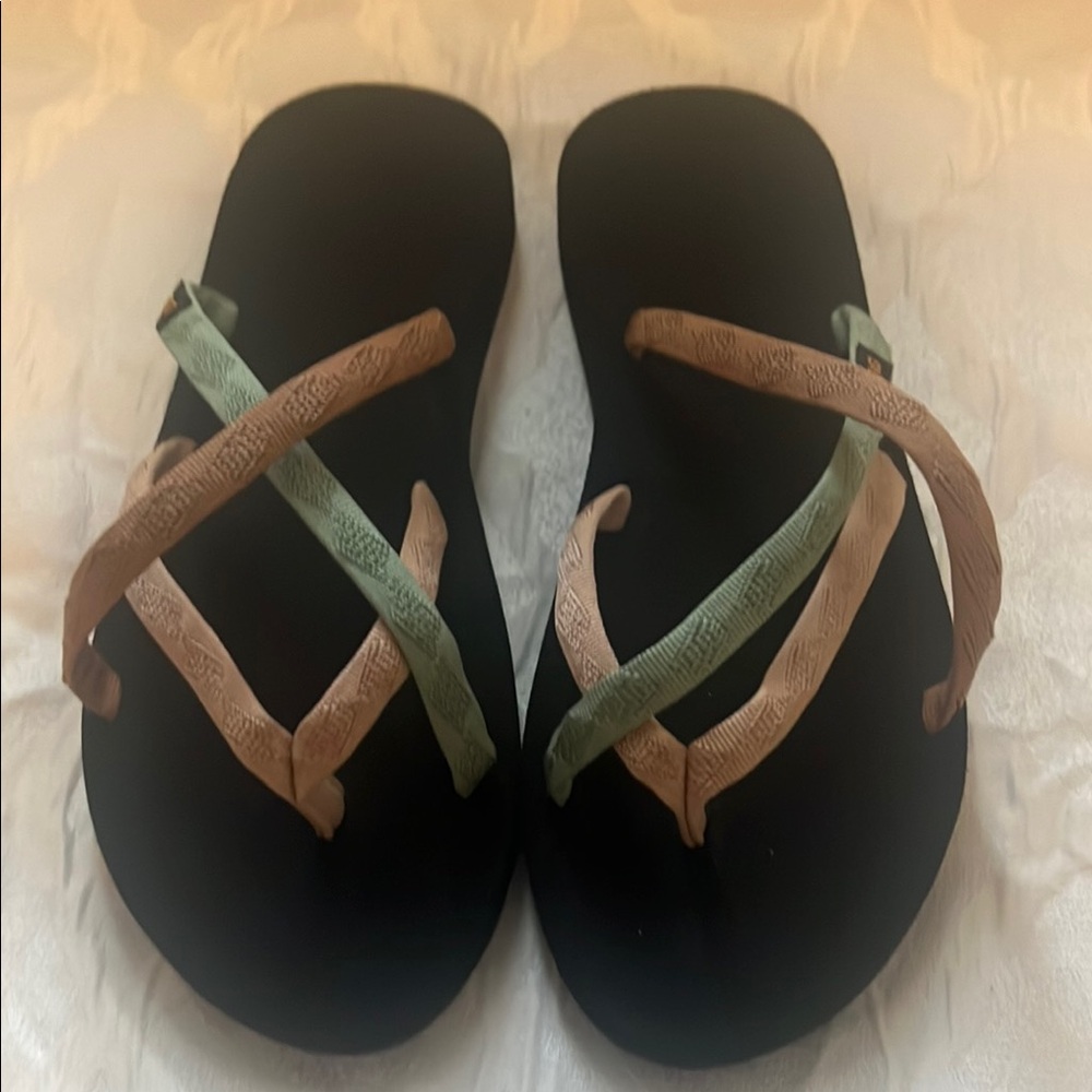 Teva Black Sandals with Green and Tan Straps